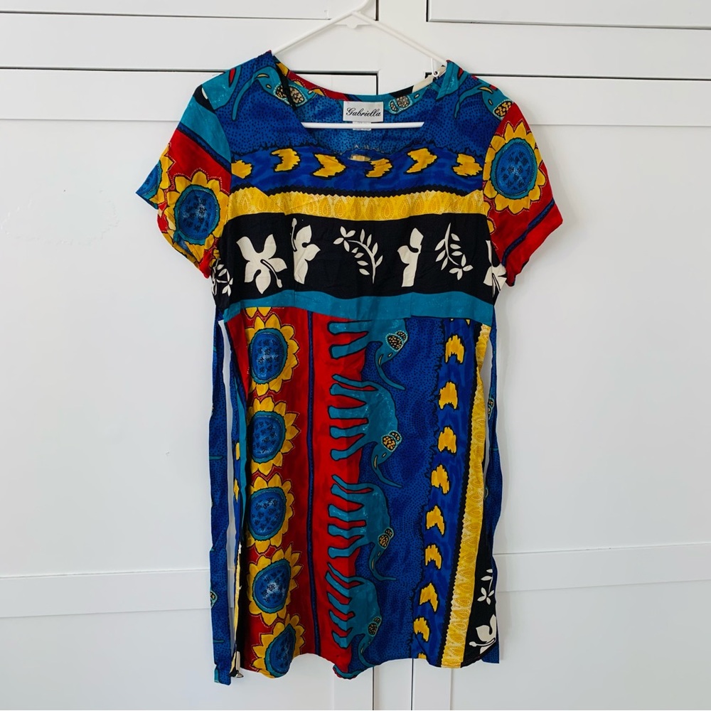 Vintage Gabriella Rayon Multi Elephant Sunflower Floral Print Mini Dress 9/10